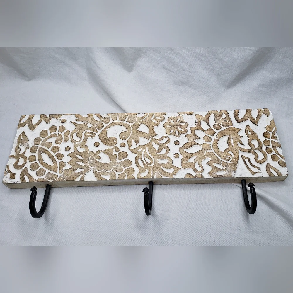 Boho Carved Wood Wall Hook Rack 15 X 4.5 Inches